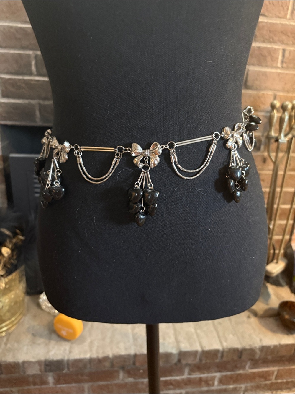Betsey Johnson Black and Silver Dangle Charm Chain Belt